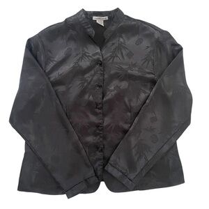 Mandarin Collar Satin Jacquard Black Bamboo Print Vintage Blouse Knot Buttons XL